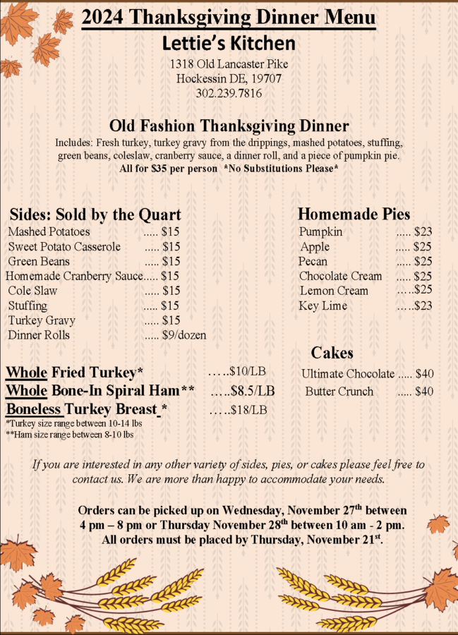 Lettie's Menu for Thanksgiving 2024